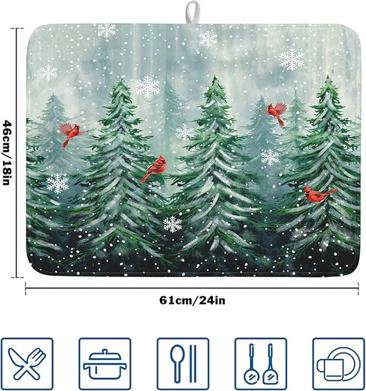 Winter Pines Tree Dish Drying Mats for Kitchen Counter, Christmas Tree Dish Mat Absorbent Reversible Microfiber Dish Drying Pad Winter Kitchen Drying Mat Dish Drainer Rack Mats for Coffee Bar 18"x24"