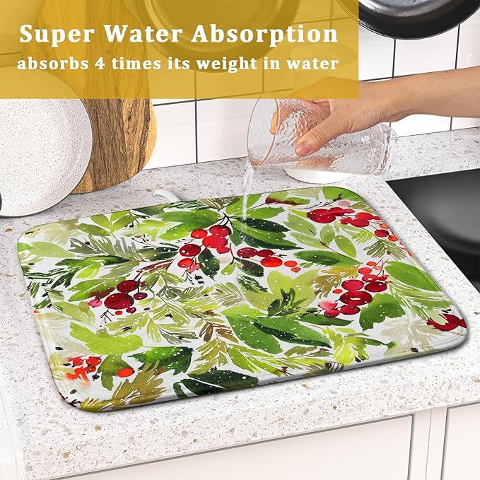 Watercolor Christmas Dish Drying Mat 18 x 24 Inch With Absorbent Reversible Microfiber Green Leaves Red Berry Xmas Drying Mats Winter Holiday Dish Drainer Mat Fast Dry For Kitchen Dining Room