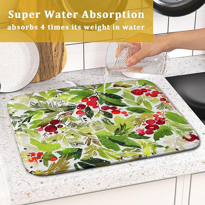Watercolor Christmas Dish Drying Mat 18 x 24 Inch With Absorbent Reversible Microfiber Green Leaves Red Berry Xmas Drying Mats Winter Holiday Dish Drainer Mat Fast Dry For Kitchen Dining Room