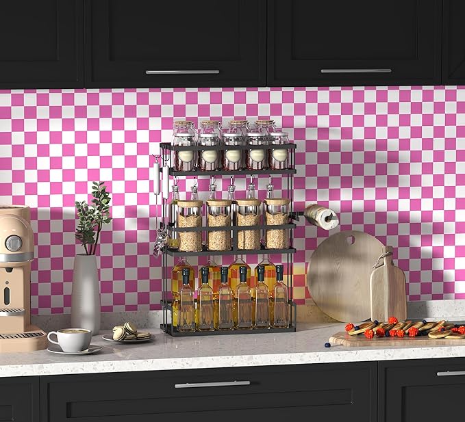 Modern Peel and Stick Wallpaper Pink and White Mosaic Checkered Contact Paper 17.7"x197" Self Adhesive Lattice Wallpaper Removable Decorative Wallpapers for Bedroom Countertops Cabinet Vinyl Roll