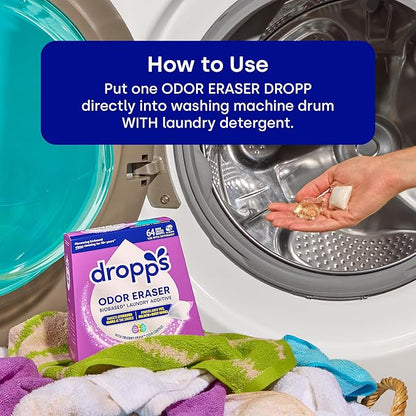 Dropps Odor Eraser Pods (64 Count) - Powered by TriCore Erase | Use With Detergent | Odor Remover | For Sweat, Musty Towels, Mildew, Pet & Body Odors | Clean Laundry Booster | Plastic-Free Packaging