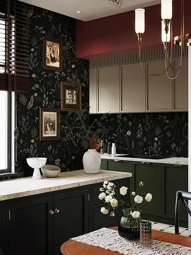 Dimoon 787"x16.1" Floral Peel and Stick Wallpaper Black Contact Paper Thicken Wallpaper Delicate Flower Waterproof Green Leaf White Self Adhesive Removable Wall Paper Shelf Liner Decal Vinyl Roll