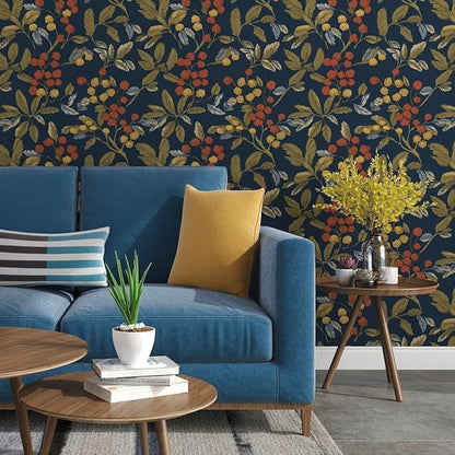 Laatse Navy Blue Floral Wallpaper Peel and Stick, Vintage Contact Paper 17.5" x 118", Dark Leaf Botanical Boho Wall Paper Self Adhesive Waterproof Removable for Room Shelve Cabinet Drawer Table Decor