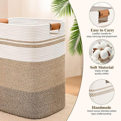Laundry Hamper, 85L Tall Laundry Basket with Leather Handles, Rectangle Large Clothes Hamper for Organizing, Cotton Woven Laundry Baskets Storage Hampers for Bedroom, Nursery, Living Room