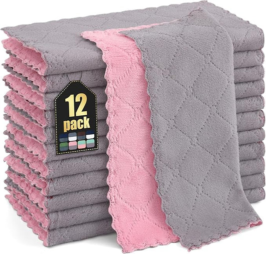 Homaxy 12 Pack Kitchen Cloths Dish Towels (10" x 10", Grey & Pink), Super Soft and Absorbent Dish Cloths, Coral Velvet Microfiber Cleaning Cloth, Nonstick Oil Fast Dry Dishcloths