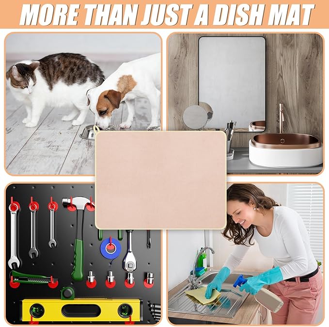 Hushee 2 Pack Extra Large Dish Drying Mat Microfiber Absorbent Dish Drying Pad Large Size Dishes Drainer Mats for Countertop, Sink, Refrigerator or Dryer (30 x 24 Inch,Beige)