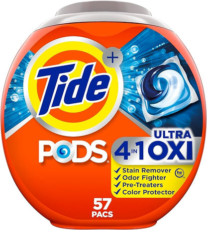 Tide 4-n-1 Ultra Oxi PODS Laundry Detergent Pacs, 57 Count, HE Compatible, Built in Pre-treater for Stains