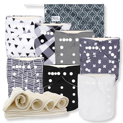 Nora's Nursery Cloth Diapers 7 Pack with 7 Inserts & 1 Wet Bag - Waterproof Cover, Washable, Reusable & One Size Adjustable Pocket Diapers for Newborns and Toddlers - B&W Unisex 2