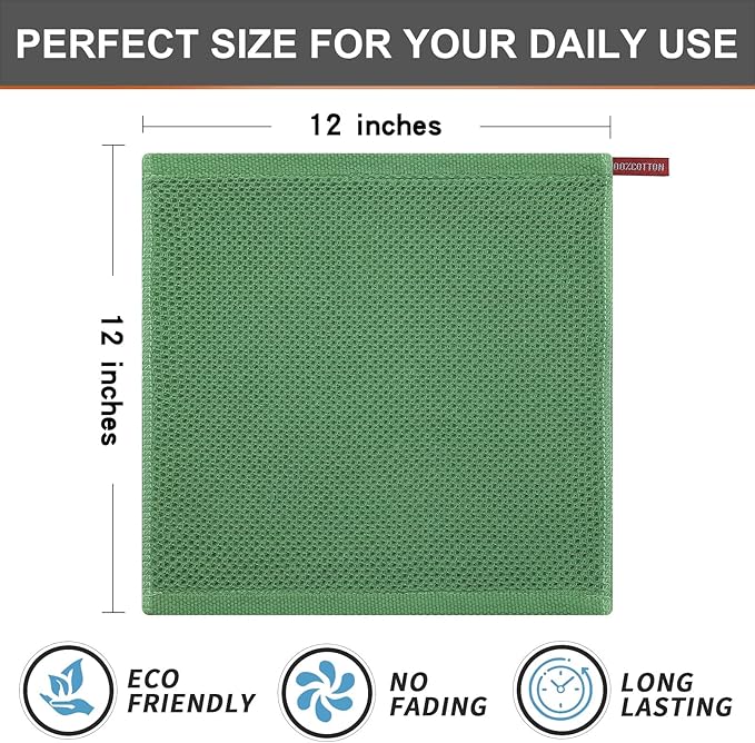Kitinjoy 100% Cotton Kitchen Dish Cloths (12 X 12 Inches, Grass Green), 12 Pack Waffle Weave Ultra Soft Absorbent Dish Towels for Drying Dishes Quick Drying Kitchen Towels Dish Rags