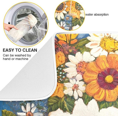 White Cat Colorful Flowers Pattern Dish Drying Mat for Kitchen Counter Super Absorbent Drying Mat 16x18 inch Large Dish Drying Matts for Countertop Protector Dishes Pad