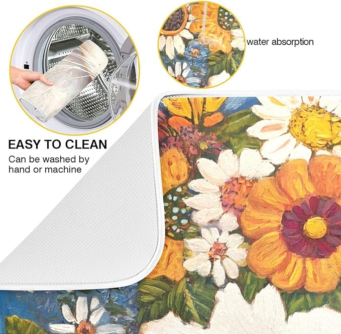 White Cat Colorful Flowers Pattern Dish Drying Mat for Kitchen Counter Super Absorbent Drying Mat 18x24 inch Large Dish Drying Matts for Countertop Protector Dishes Pad