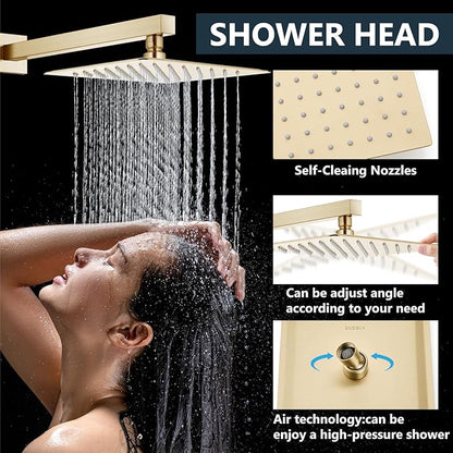 Aolemi Shower Faucet Set Rain Shower System with Handheld Spray Bathroom Shower Combo Rough-in Valve and Shower Trim Kit Included Brushed Gold 8 Inch Wall Mount Shower Head
