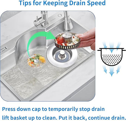 3 in 1 Kitchen Sink Drain Strainer,Pop up Sink Stopper Kitchen Drain, Anti-Clogging Strainer Basket Odor Prevention Plug Stopper for US Standard 3-1/2” Drain (Silver-2pcs)