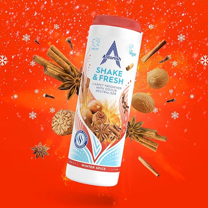Astonish Shake & Fresh Carpet Freshener Winter Spice Scent with Malodour Control Technology - Deep Odor Neutralizer, Long-Lasting Fragrance Powder for Dry Carpets, Easy Shake Vacuum Application