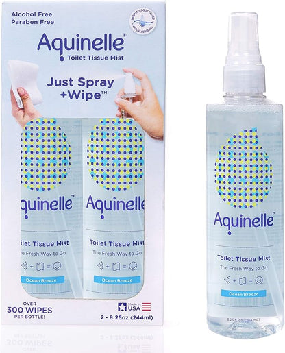 Aquinelle Toilet Tissue Mist, Eco-Friendly & Non-Clogging Alternative to Flushable Wipes Simply Spray On Any Folded Toilet Paper 2PK OCEAN BREEZE 8.25OZ
