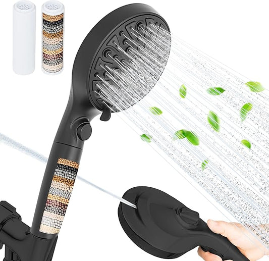 HYLER Shower Head High Pressure Handheld with 15-Stage Filter (Extra Filter, 6ft Hose, 2.5 GPM) - 8 Spray and 1 Focused Jet Mode, Water Saving Showerhead, Black Matte