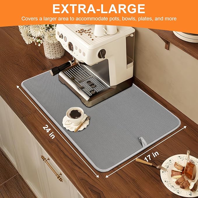 Dish Drying Mat 24 x 17 in, Large Microfiber Drying Mats, Absorbent Quick Dry Pad for Kitchen Counter, Countertop Protector for Dishes, Pots & Pans, Machine Washable, Gray (1 PCS)