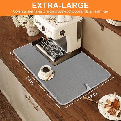 Dish Drying Mat 24 x 17 in, Large Microfiber Drying Mats, Absorbent Quick Dry Pad for Kitchen Counter, Countertop Protector for Dishes, Pots & Pans, Machine Washable, Gray (2 PCS)