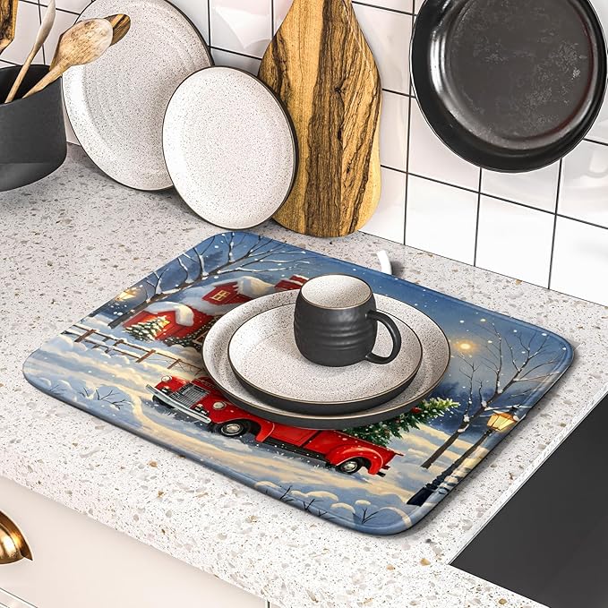 Christmas Dish Drying Mat for Kitchen Counter 16x18 Red Truck Winter Xmas Snow Scene Holiday Theme Absorbent Reversible Microfiber Drying Mats Kitchen Countertop Protector Dishes Drainer Pad