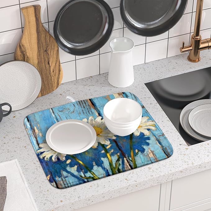 Daisy Floral Dish Drying Mat for Kitchen Counter 16x18 Spring Summer Theme Woodgrain White Flower Seasonal Absorbent Reversible Microfiber Drying Mats Kitchen Countertop Protector Dishes Drainer Pad