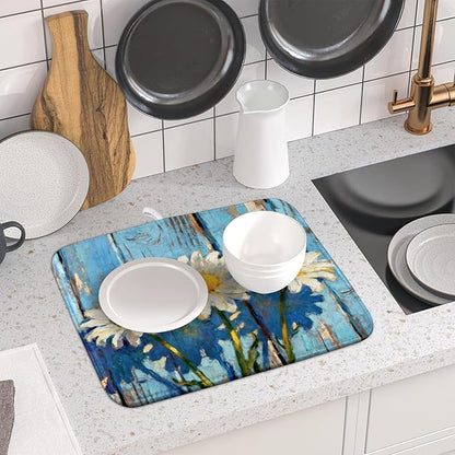 Daisy Floral Dish Drying Mat for Kitchen Counter 16x18 Spring Summer Theme Woodgrain White Flower Seasonal Absorbent Reversible Microfiber Drying Mats Kitchen Countertop Protector Dishes Drainer Pad