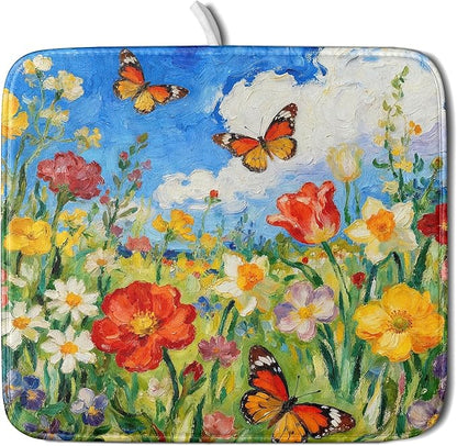 Floral Dish Drying Mat for Kitchen Counter 16x18 Spring Summer Theme Colorful Flower Butterfly Seasonal Absorbent Reversible Microfiber Drying Mats Kitchen Countertop Protector Dishes Drainer Pad