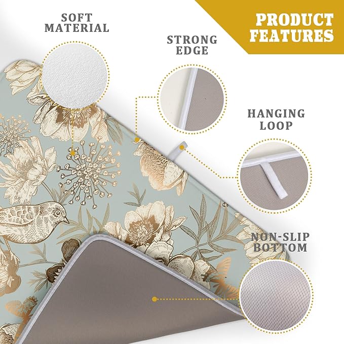 Retro Flower Bird Dish Drying Pad 18 x 24 Inch With Absorbent Reversible Microfiber Vintage Blue Gold Floral Drying Mats Dish Drainer Mat Fast Dry For Kitchen Dining Room Decoration