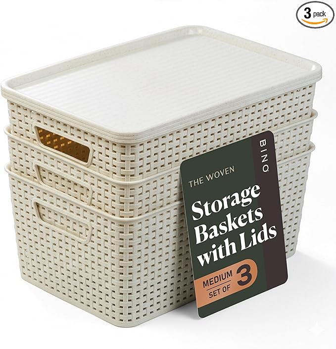 BINO | Plastic Storage Baskets with Lids, 15.5 Liter - 3 Pack, Natural | THE WOVEN COLLECTION | Storage Basket for Shelves | Woven Storage Baskets for Organizing Bins | Pantry Shelf Organizer Bin