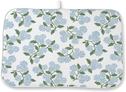 Blue Sage Green Hydrangea Dish Drying Mats 18x24 Inch Floral Mats Spring Holiday Kitchen Decor Absorbent Drying Dish Pad Rack Drainer Mats for Kitchen Dining Room