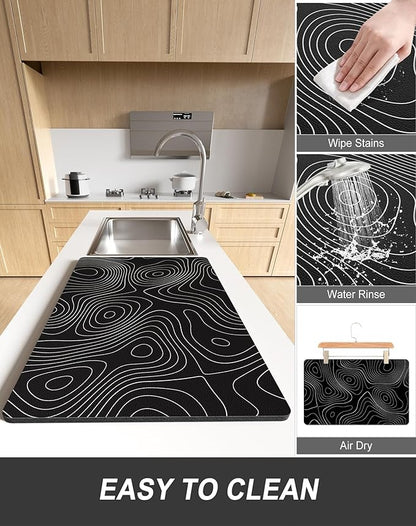 Rnivvi Dish Drying Mat for Kitchen Counter, 12 x 19" Cute Marble Super Absorbent Draining Pad, Non-Slip Heat Resistant Coffee Bar Mats for Coffee Machine Station Accessories, Line Art Dish Rack Pad