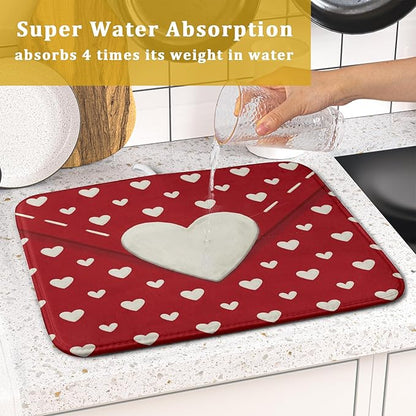Valentines Day Dish Drying Mat for Kitchen Counter 16x18 Cream Red Love Heart Valentines Holiday Themed Absorbent Reversible Microfiber Drying Mats Kitchen Countertop Protector Dishes Drainer Pad