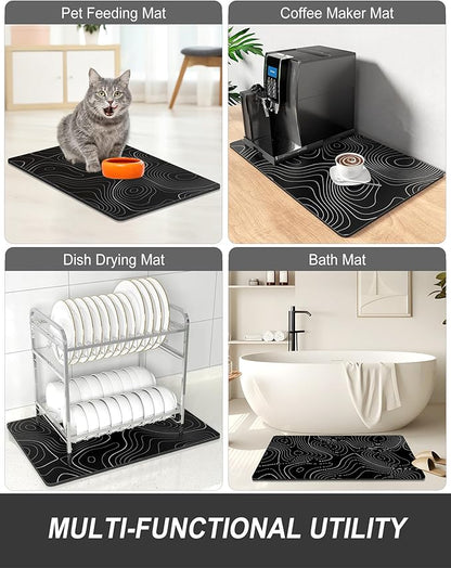 Rnivvi Dish Drying Mat for Kitchen Counter, 12 x 19" Cute Marble Super Absorbent Draining Pad, Non-Slip Heat Resistant Coffee Bar Mats for Coffee Machine Station Accessories, Line Art Dish Rack Pad