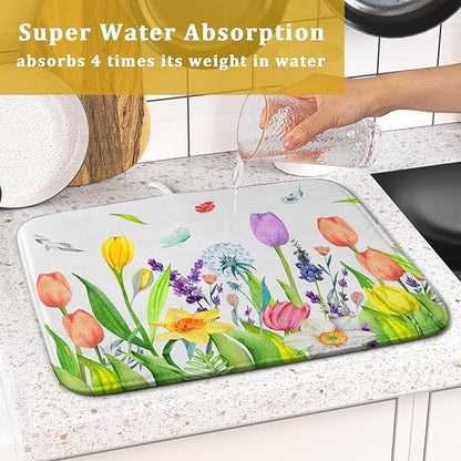 Aportt Spring Floral Dish Drying Pad with Absorbent Reversible Microfiber Watercolor Tulip Lavender Flower Drying Mats 16 x 18 Inch Dish Drainer Mat Fast Dry For Kitchen Dining Room