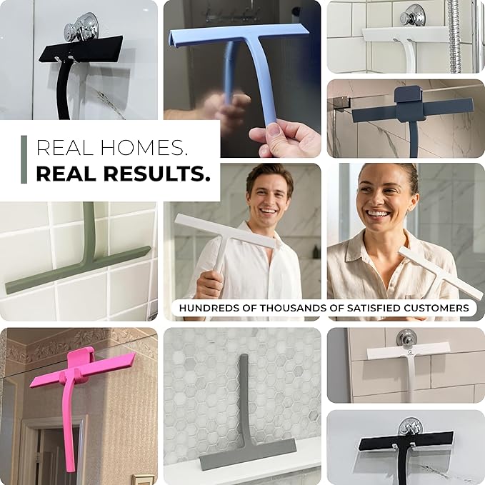 GÜTEWERK Silicone Shower Squeegee for Glass Doors & Mirrors with Stainless Steel Core, Streak-Free & No-Squeak Window Cleaning, 3-in-1 No-Drill Mount (Hook/Suction/Adhesive), Black, 9''