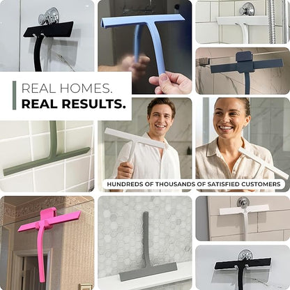 GÜTEWERK Silicone Shower Squeegee for Glass Doors & Mirrors with Stainless Steel Core, Streak-Free & No-Squeak Window Cleaning, 3-in-1 No-Drill Mount (Hook/Suction/Adhesive),Pink, 15 Inches