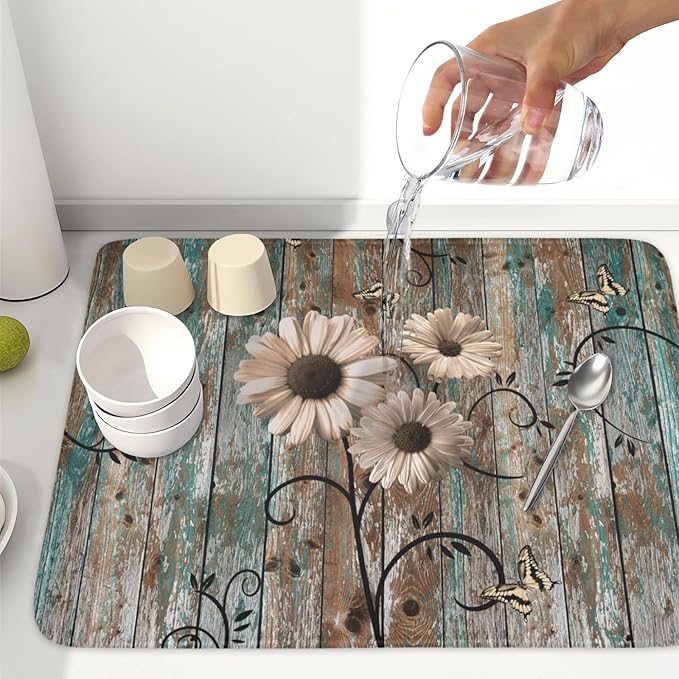 Spring Daisy Dish Drying Mat for Kitchen Counter 18 x 24 Inch Vintage Farmhouse Dish Drainer Mat Absorbent Microfiber Shabby Chic Flowers Dish Rack Pad for Coffee Dining Bar Decor