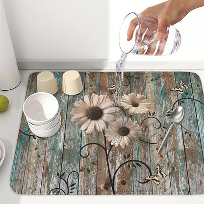 Spring Daisy Dish Drying Mat for Kitchen Counter 18 x 24 Inch Vintage Farmhouse Dish Drainer Mat Absorbent Microfiber Shabby Chic Flowers Dish Rack Pad for Coffee Dining Bar Decor