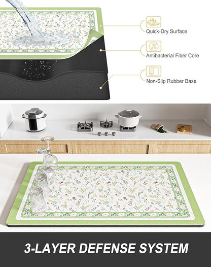 Rnivvi Dish Drying Mat for Kitchen Counter, 12 x 19" Cute Flower Theme Super Absorbent Draining Pad, Non-Slip Heat Resistant Coffee Bar Mat for Coffee Machine Station Accessories, Green Dish Rack Pad