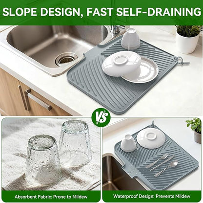Belife Dish Drying Mat for Kitchen Counter, Silicone Dish Drainers Pad, Non-Slip Under Sink Dish Drying Rack, Heat Resistant Small Stone Drying Board (17" x 14.5",Gray)