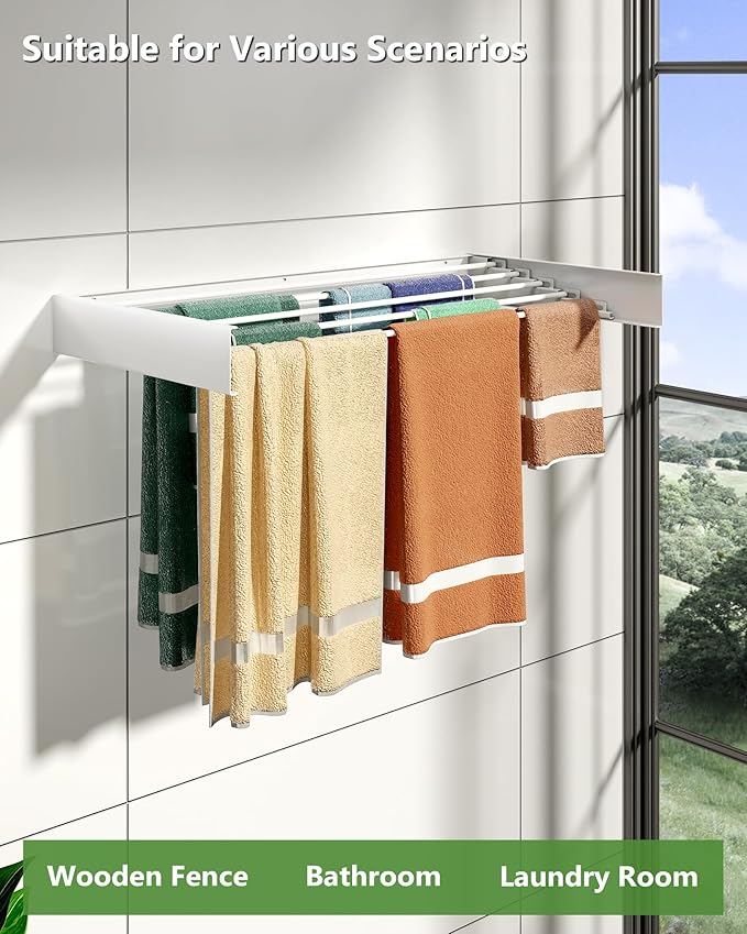 Wall Mounted Drying Rack 40", 5 Aluminum Poles, 60 lb. Load Capacity, Foldable, Retractable, Space Saving Clothes Drying Rack (40" White)