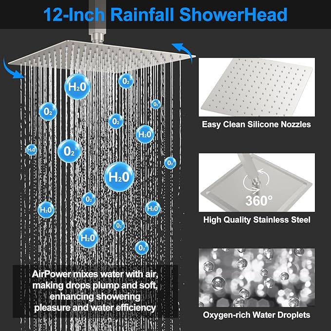 Shower Faucet Set,Brushed Nickel Push Button Shower System with Rain Shower and Handheld,Brushed Shower Faucet with Valve Ceiling Mount 12 Inch Shower Head and 6 Inch Shower Head with Handheld