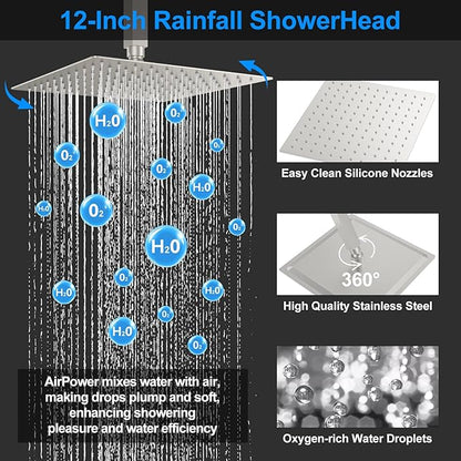 Shower Faucet Set,Brushed Nickel Push Button Shower System with Rain Shower and Handheld,Brushed Shower Faucet with Valve Ceiling Mount 12 Inch Shower Head and 6 Inch Shower Head with Handheld