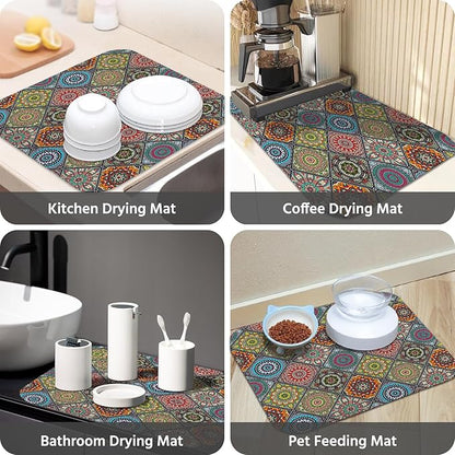 Dish Drying Mat for Kitchen Counter 16x18 Inch, Super Absorbent Dish Drainer Mat, Decorative Microfiber Dishes Drying Pad-Small(Plaid Boho)