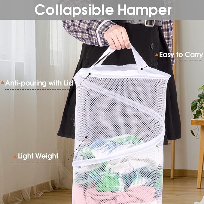 BATTOO Collapsible Laundry Basket with Lid Foldable Mesh Pop Up Hamper with Handles for Laundry Room, Bathroom, Kids Room, College Dorm, Travel, Storage Organizer White