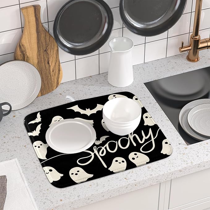 Halloween Dish Drying Mat for Kitchen Counter 16x18 Cute Ghost Black Spooky Holiday Scary Theme Absorbent Reversible Microfiber Drying Mats Kitchen Countertop Protector Dishes Drainer Pad