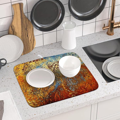 Brown Rust Colorful Metal Rusty Steel Iron Dish Drying Pad 16 x 18 Inch With Absorbent Reversible Microfiber Modern Abstract Drying Mats Dish Drainer Mat Fast Dry For Kitchen Dining Room Decor