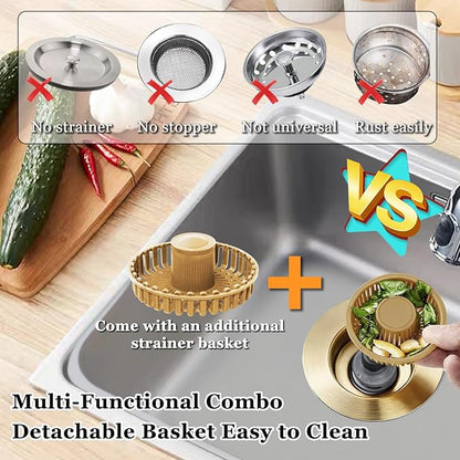 BAOLSLS Kitchen Sink Drain Strainer, 3 in 1 Pop up Kitchen Sink Stopper, with an Extra Basket Strainer, for US Standard 3-1/2 Inch Drain, Copper Material, Brushed Gold
