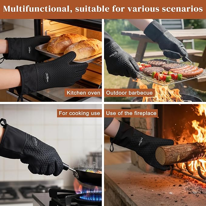 PrettyCare Extra Long 14in Silicone Oven Mitts, 2 Pcs Heat Resistant Waterproof Oven Gloves with Fingers, Non-Slip Cotton Lined Mitt for Baking, Grilling, Air Fryer & Kitchen Essentials, Gift for Men