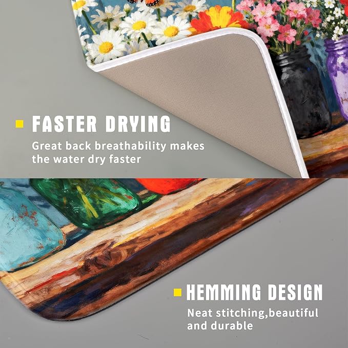 Spring Summer Floral Dish Drying Mat for Kitchen Counter 16x18 Woodgrain Colorful Flower Butterfly Seasonal Absorbent Reversible Microfiber Drying Mats Kitchen Countertop Protector Dishes Drainer Pad