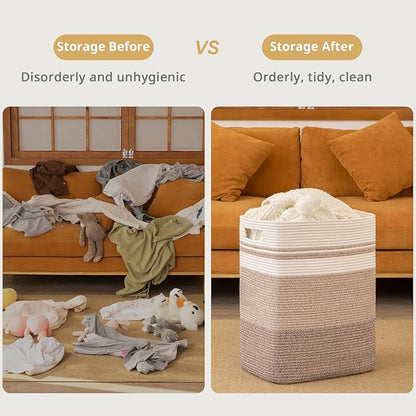 OIAHOMY Rectangle Laundry Basket, Large Laundry Hamper with Handles, Cotton Blanket Basket for Living room, Woven Decorative Storage Basket for Clothes,Pillows-16x13x22in-Gradient Yellow